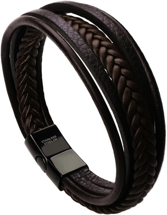 Murtoo Mens Leather Bracelet with Clasp Cowhide Multi-Layer Braided Leather Mens Bracelet - Image 1